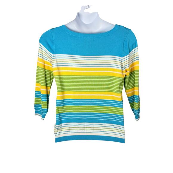 Joseph A Sweater Top Womens Large Turquoise Striped Square Neck 3/4 Sleeve - Picture 5 of 11